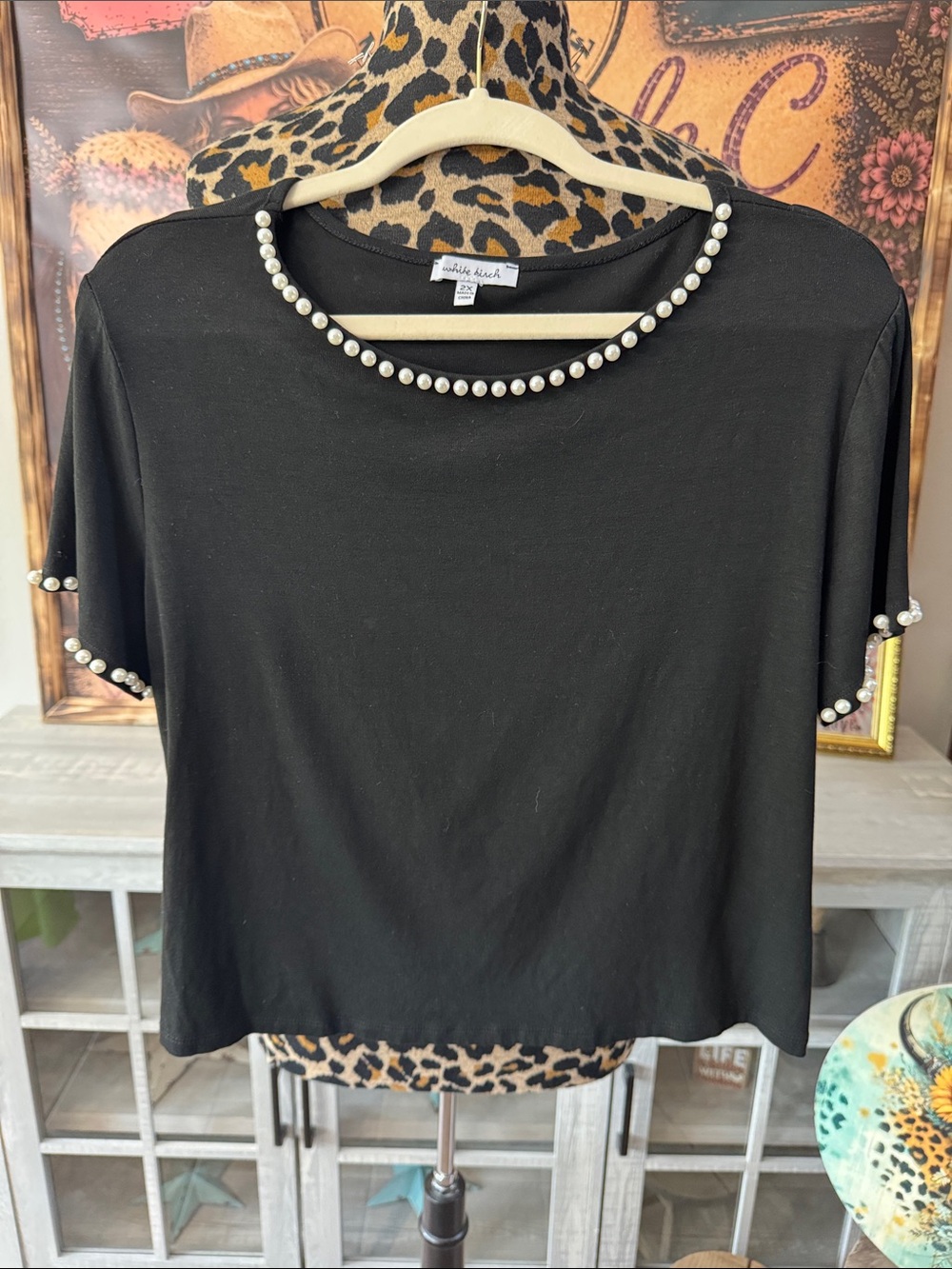 White Birch Black Pearl-Trim Short Sleeve Top Sz 2X